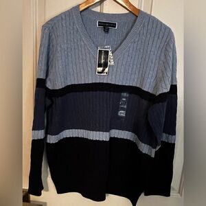 Karen Scott Women's Long Sleeve V-neck Striped Cable Knit Grey Navy Sweater XXL